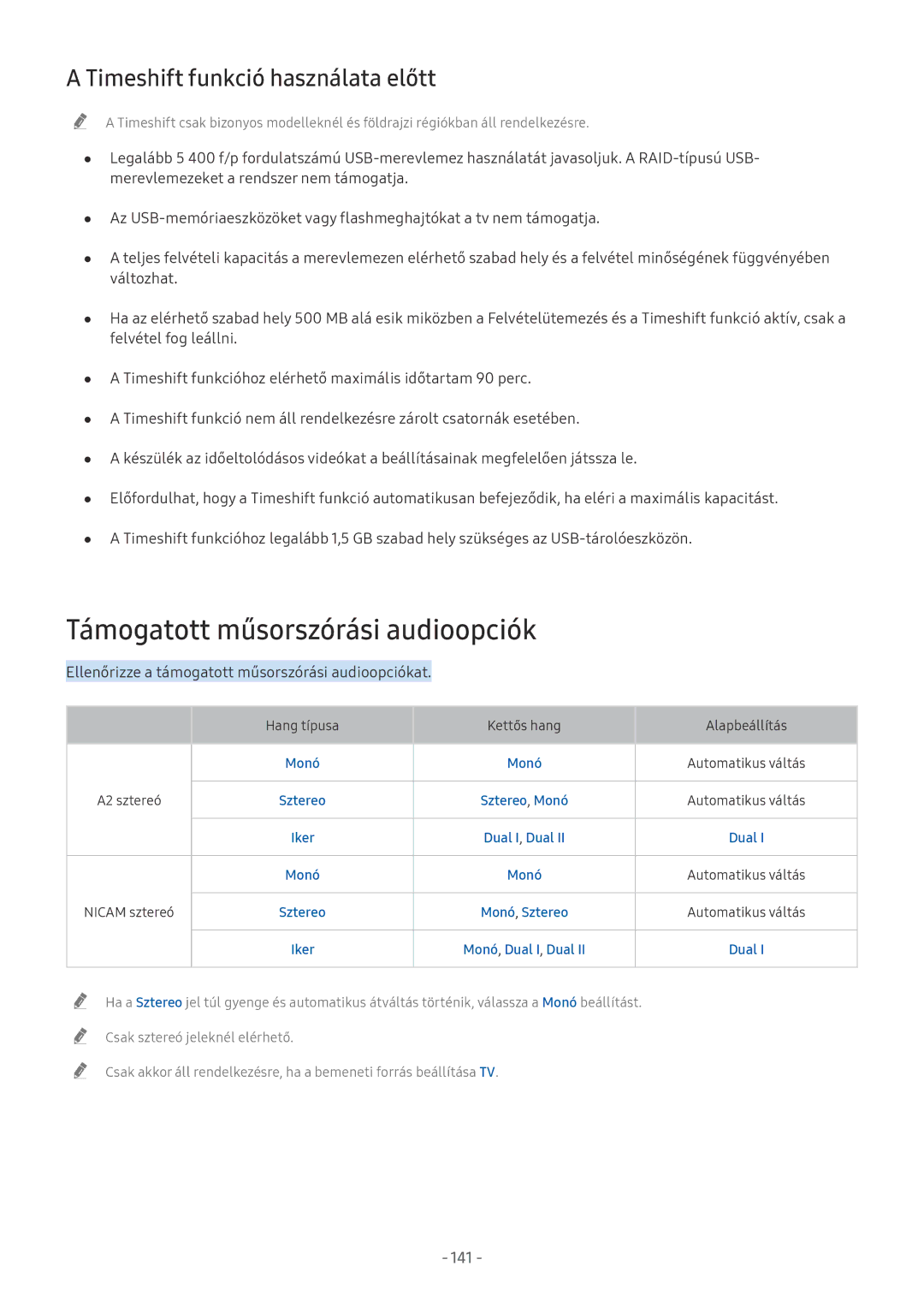 Samsung UE49NU7100WXXN, UE82NU8009TXZG manual Támogatott műsorszórási audioopciók, Timeshift funkció használata előtt, 141 