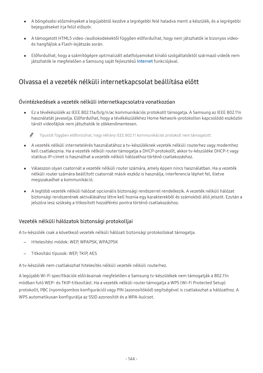 Samsung QE65Q6FAMTXXH, UE82NU8009TXZG, UE65NU8509TXZG, UE55NU8059TXZG Vezeték nélküli hálózatok biztonsági protokolljai, 144 