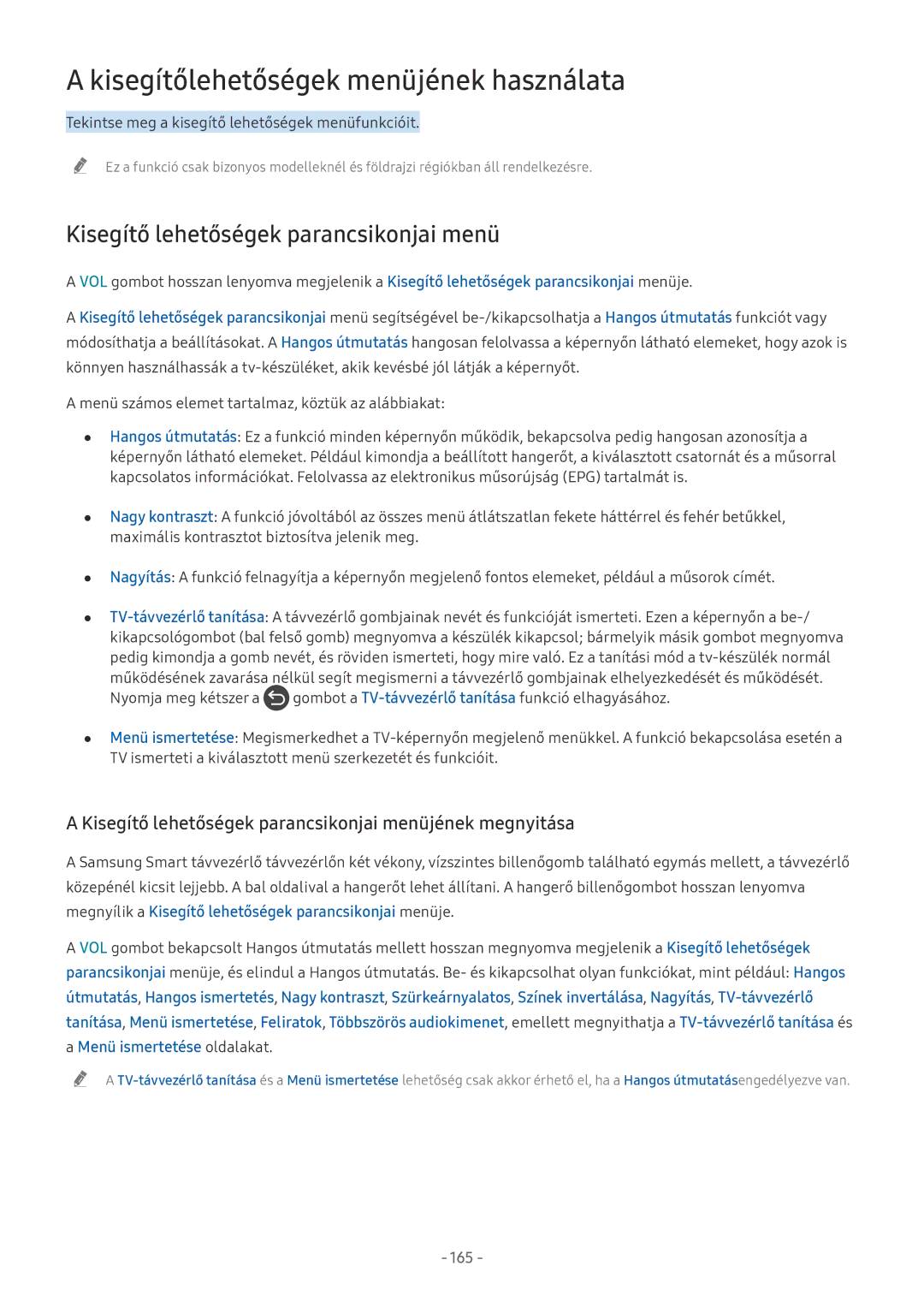 Samsung UE65NU8070LXXN manual Kisegítőlehetőségek menüjének használata, Kisegítő lehetőségek parancsikonjai menü, 165 