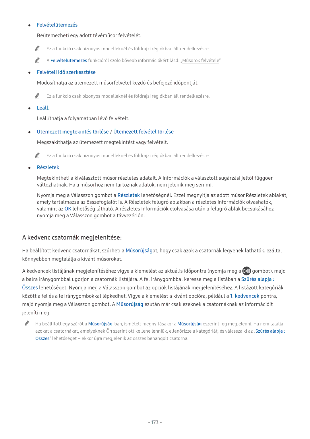 Samsung UE55NU7300KXXU, UE82NU8009TXZG manual Kedvenc csatornák megjelenítése, Felvételütemezés, Leáll, Részletek, 173 