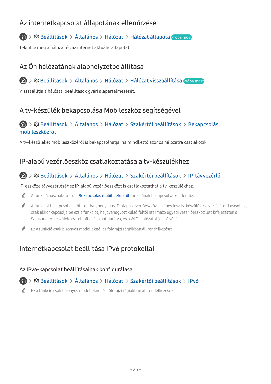 Samsung UE65NU7645UXXC manual Az internetkapcsolat állapotának ellenőrzése, Az Ön hálózatának alaphelyzetbe állítása 