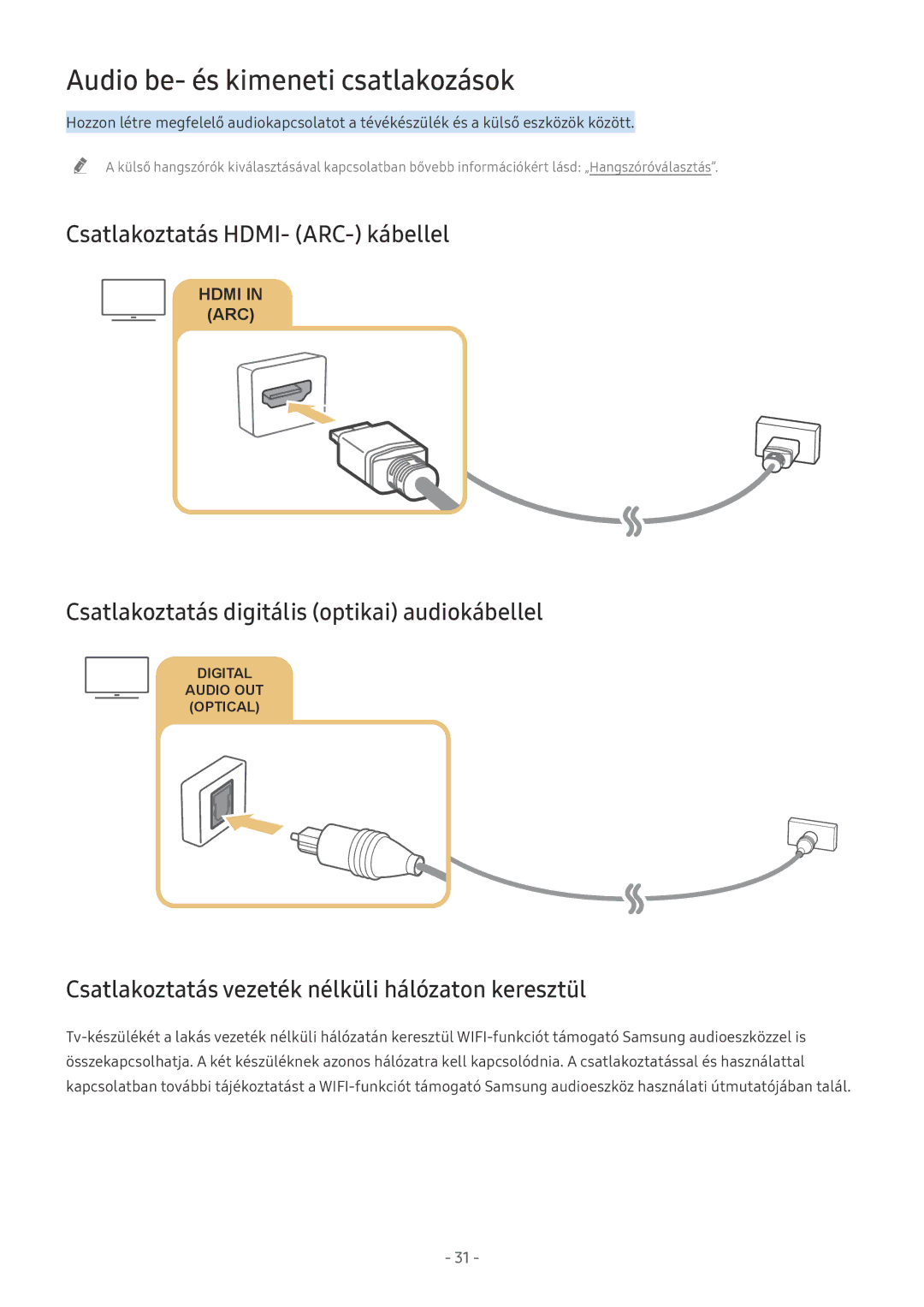 Samsung UE65NU7655UXXC, UE82NU8009TXZG manual Audio be- és kimeneti csatlakozások, Csatlakoztatás HDMI- ARC- kábellel 