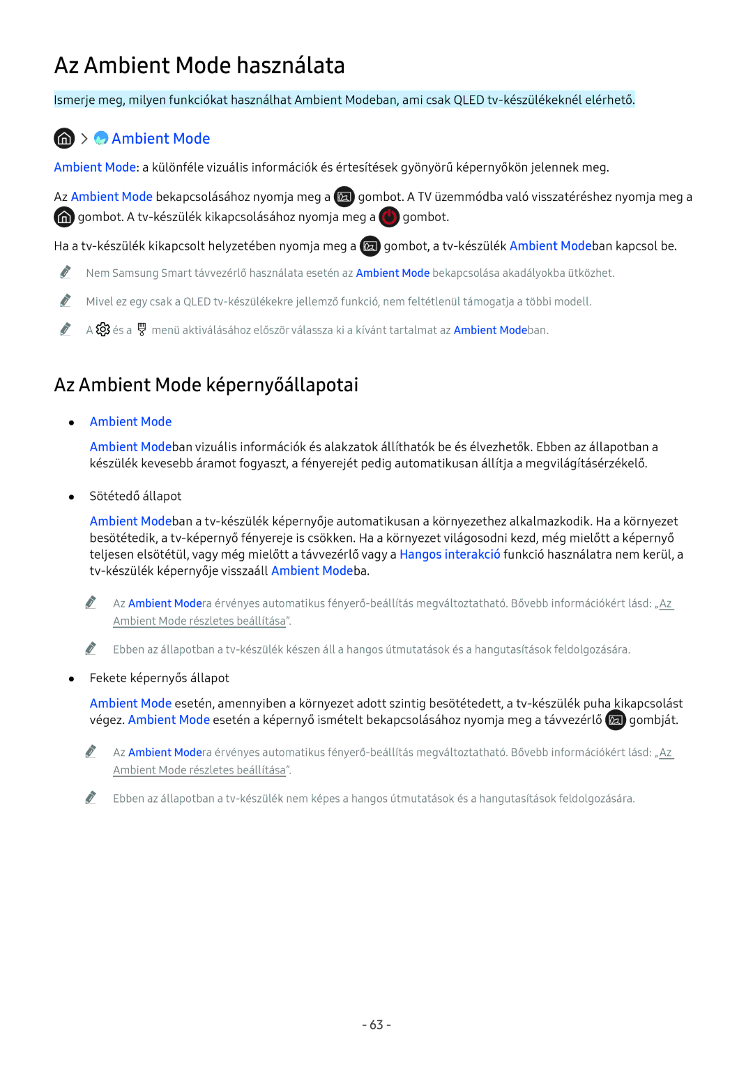 Samsung QE55Q9FNATXXH, UE82NU8009TXZG, UE65NU8509TXZG, UE55NU8059TXZG, UE65NU8009TXZG manual Az Ambient Mode használata 