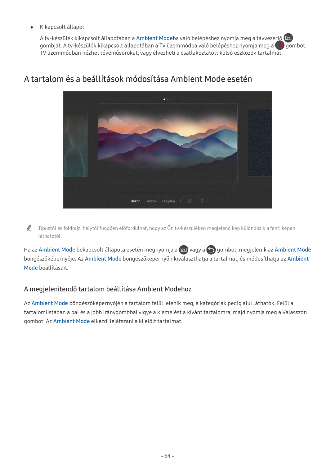 Samsung UE55NU8072TXXH, UE82NU8009TXZG, UE65NU8509TXZG manual Tartalom és a beállítások módosítása Ambient Mode esetén 