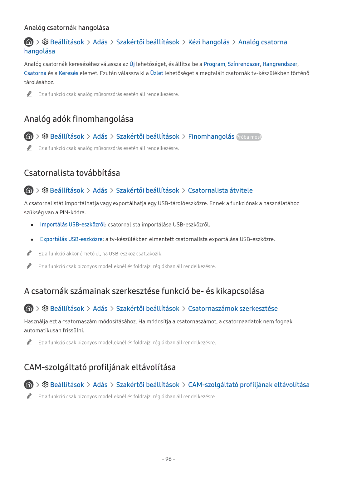 Samsung UE55NU8045TXXC Analóg adók finomhangolása, Csatornalista továbbítása, CAM-szolgáltató profiljának eltávolítása 