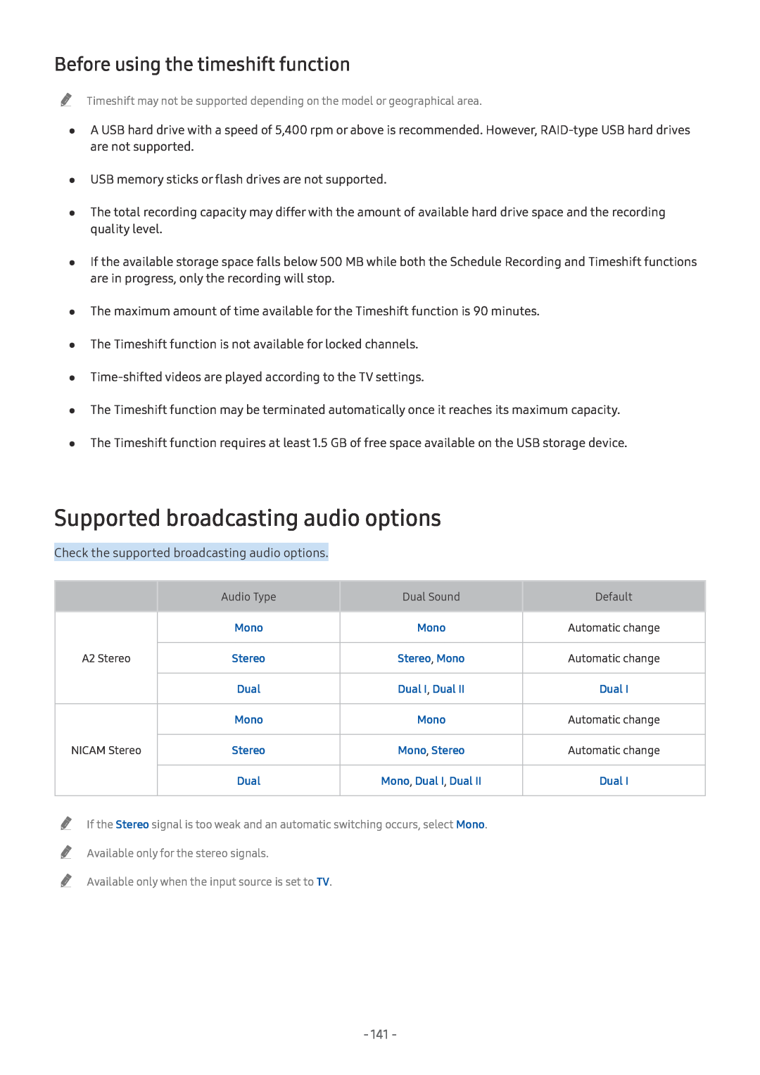 Samsung UE65NU7170SXXN, UE82NU8009TXZG manual Supported broadcasting audio options, Before using the timeshift function 