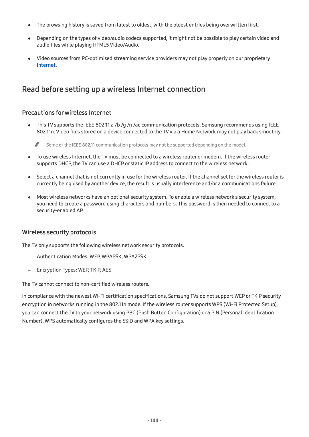 Samsung UE65NU8040TXZG manual Read before setting up a wireless Internet connection, Precautions for wireless Internet 