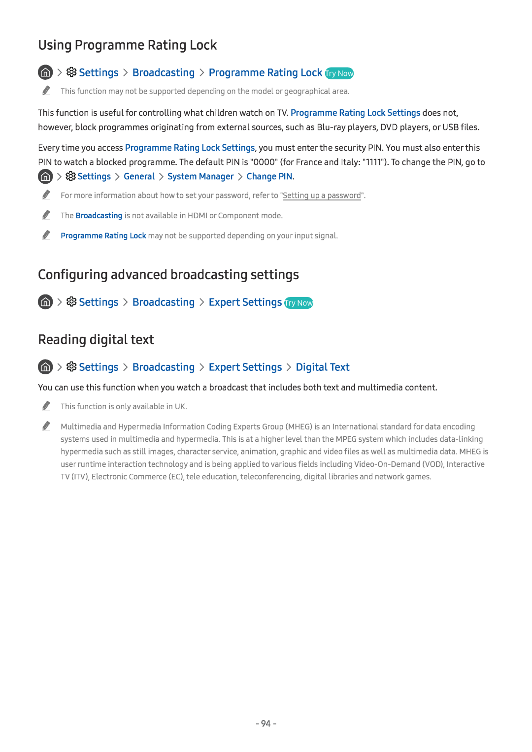 Samsung QE75Q9FNATXXH manual Using Programme Rating Lock, Configuring advanced broadcasting settings, Reading digital text 