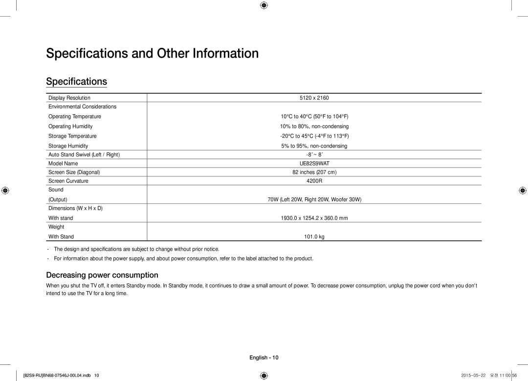 Samsung UE82S9WATXRU manual Specifications and Other Information, Decreasing power consumption 