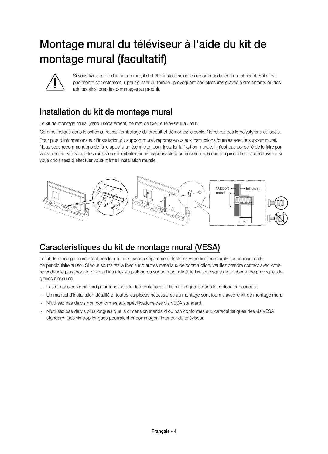 Samsung UE85HU7500LXXC manual Installation du kit de montage mural, Caractéristiques du kit de montage mural Vesa 