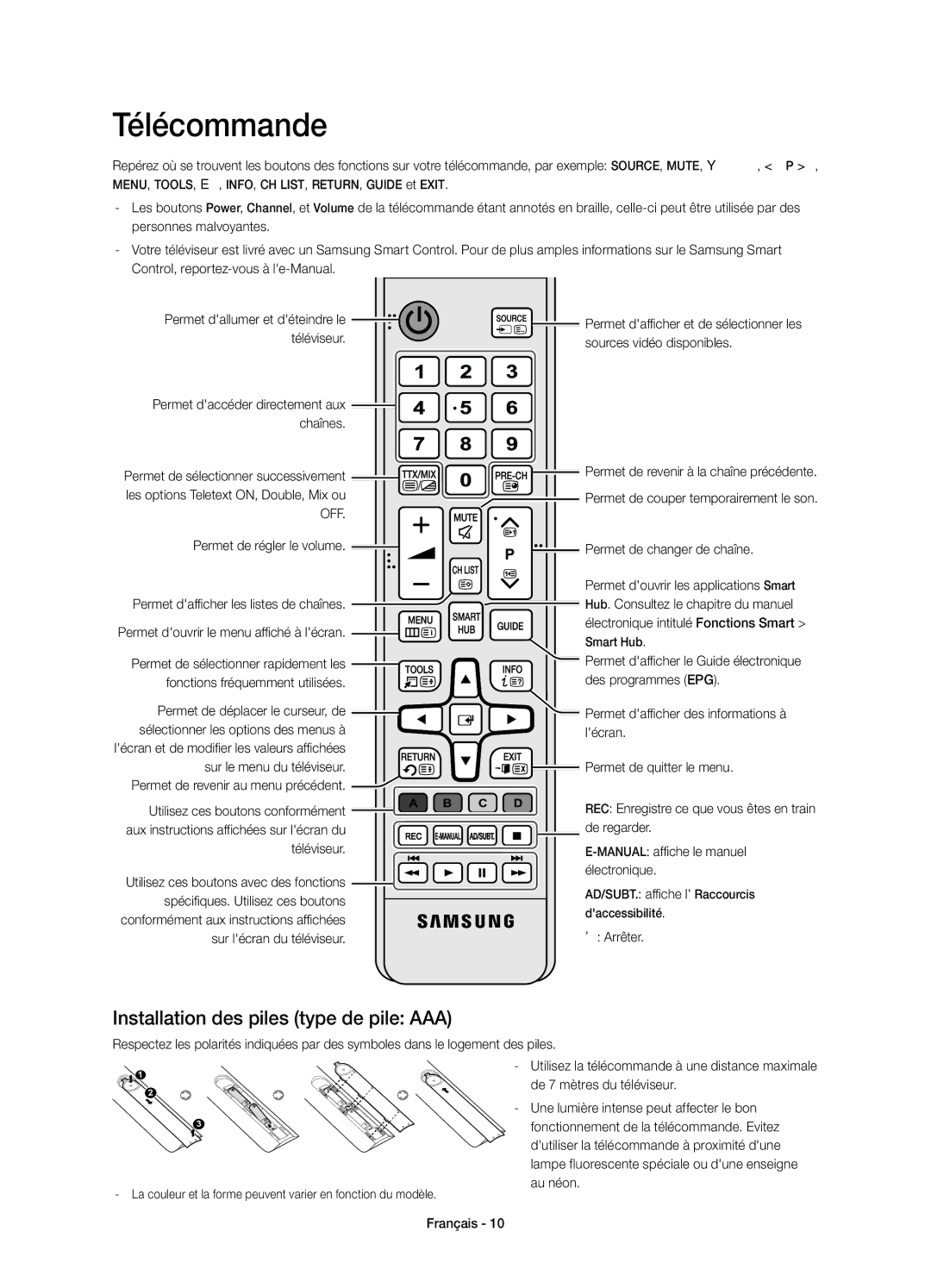 Samsung UE85HU7500LXXC manual Télécommande, Installation des piles type de pile AAA 