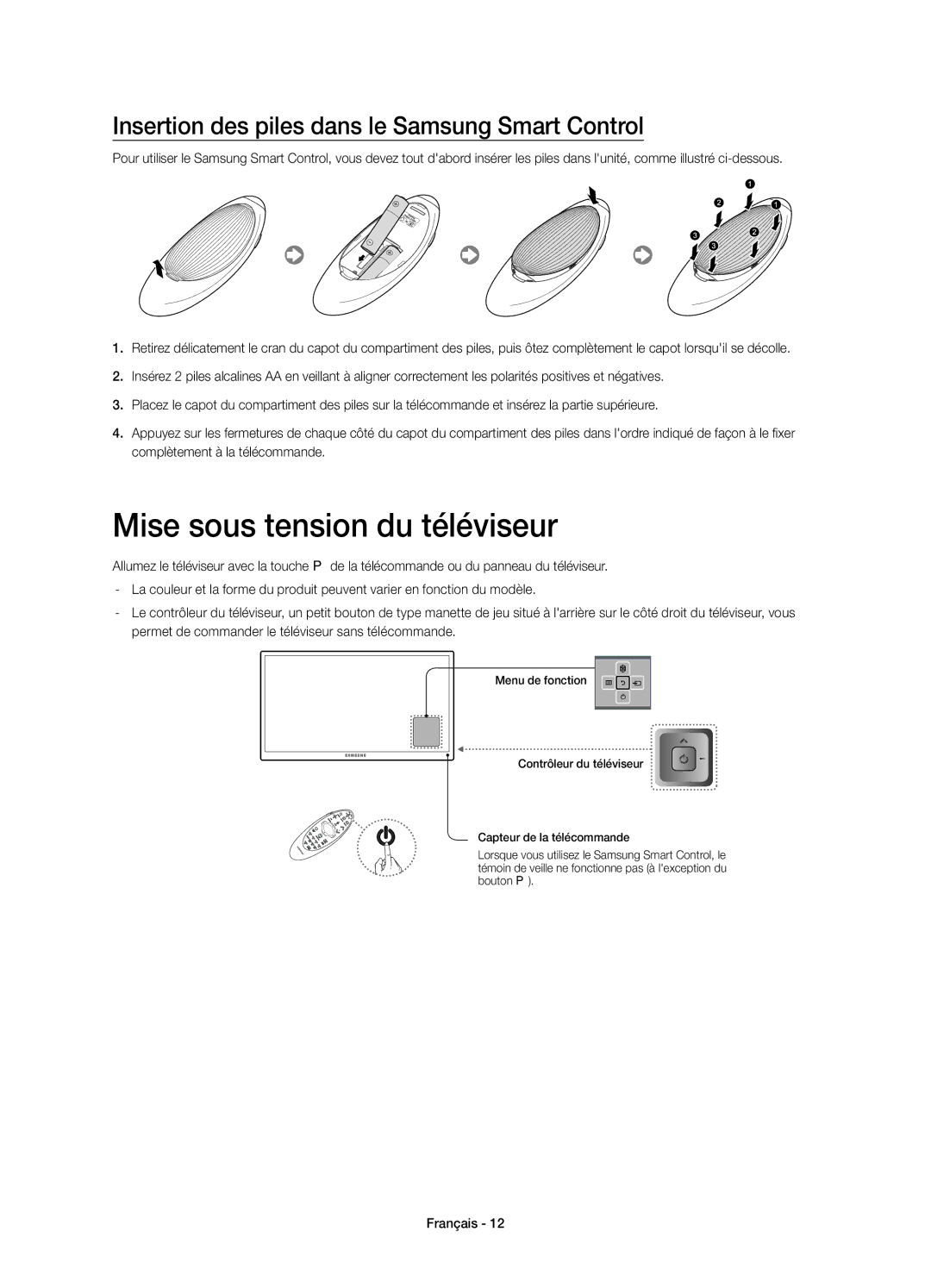 Samsung UE85HU7500LXXC manual Mise sous tension du téléviseur, Insertion des piles dans le Samsung Smart Control 