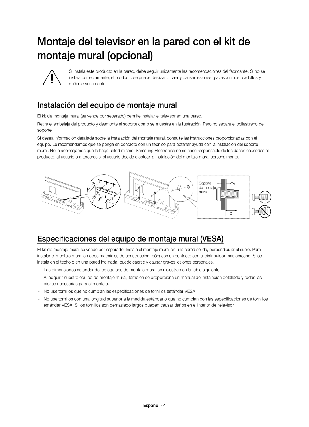 Samsung UE85HU7500LXXC manual Instalación del equipo de montaje mural, Especificaciones del equipo de montaje mural Vesa 