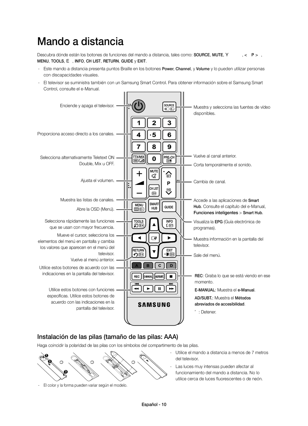 Samsung UE85HU7500LXXC manual Mando a distancia, Instalación de las pilas tamaño de las pilas AAA 