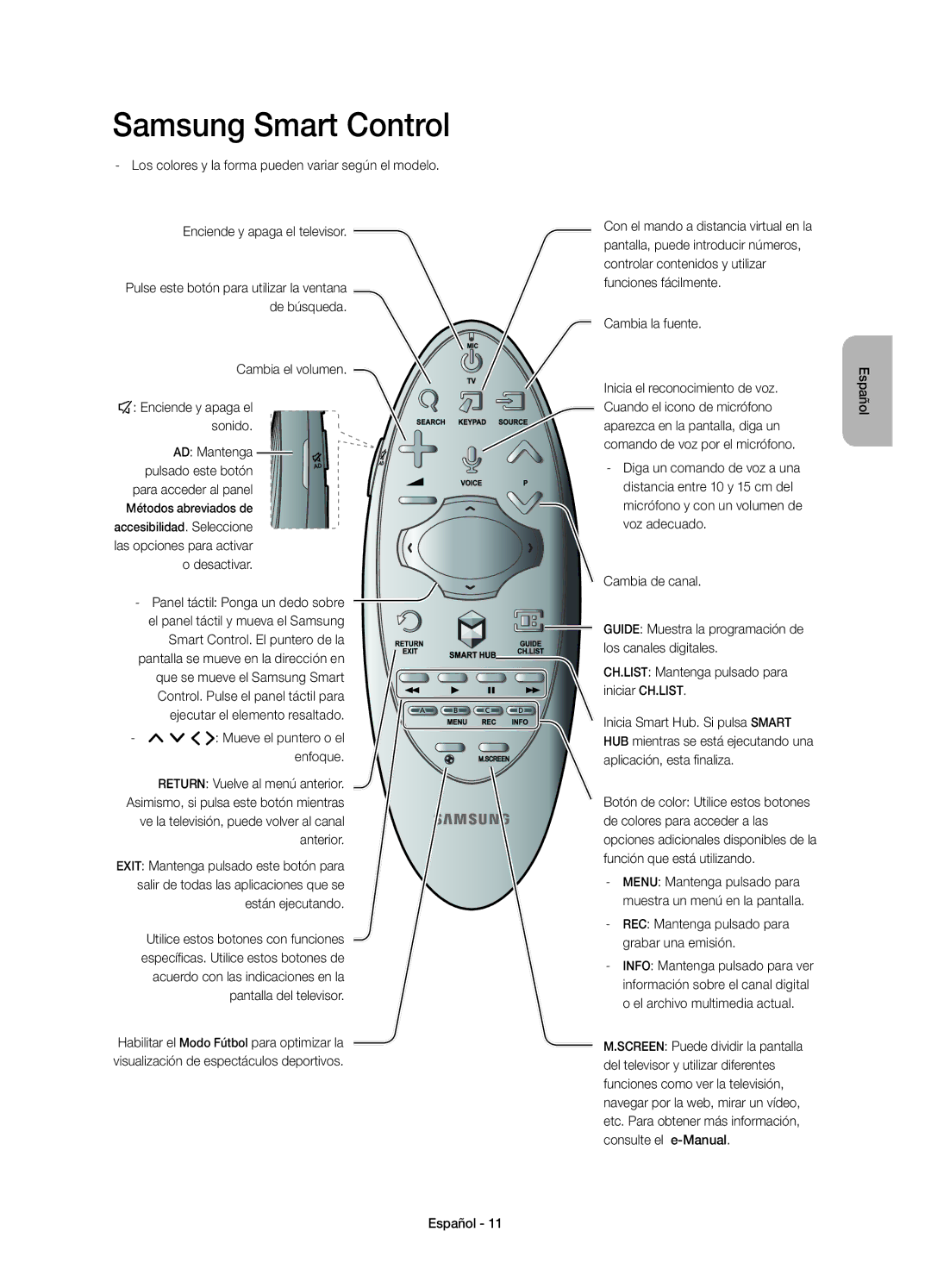 Samsung UE85HU7500LXXC manual Panel táctil Ponga un dedo sobre, REC Mantenga pulsado para grabar una emisión 