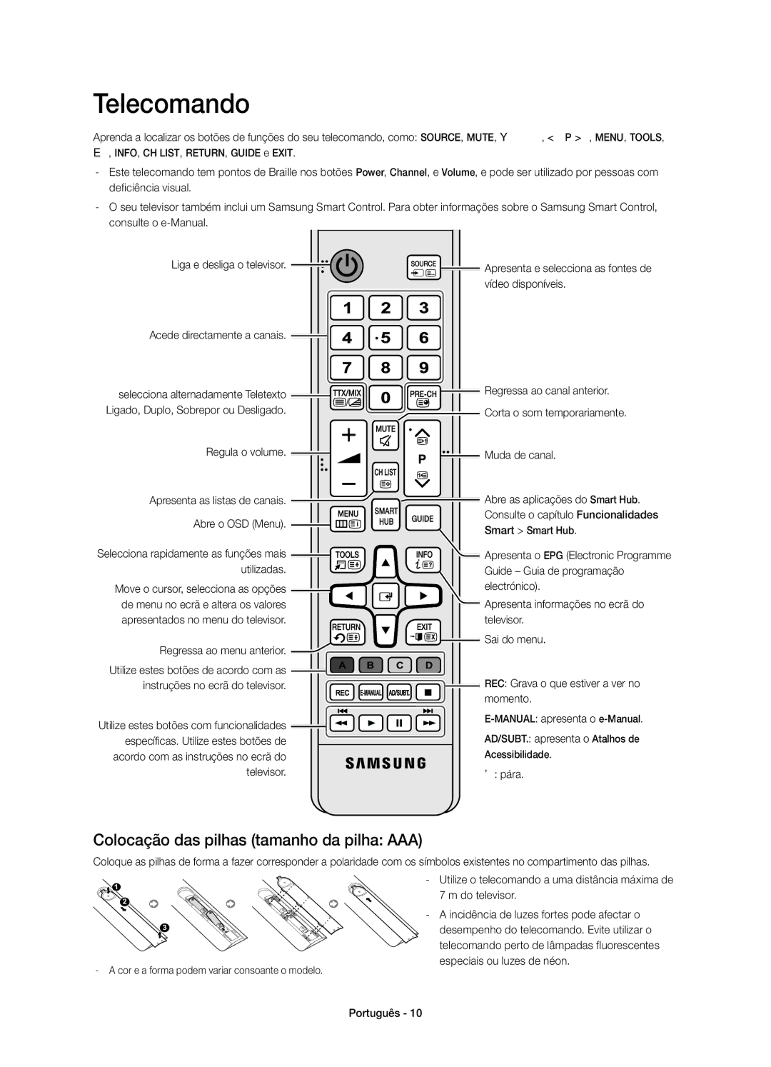 Samsung UE85HU7500LXXC manual Telecomando, Colocação das pilhas tamanho da pilha AAA 