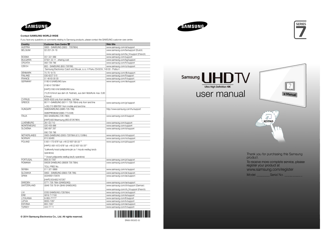 Samsung UE85HU7500LXXC, UE85HU7500LXZF, UE85HU7500TXXH, UE85HU7500LXXH, UE85HU7500TXXU manual Contact Samsung World Wide 