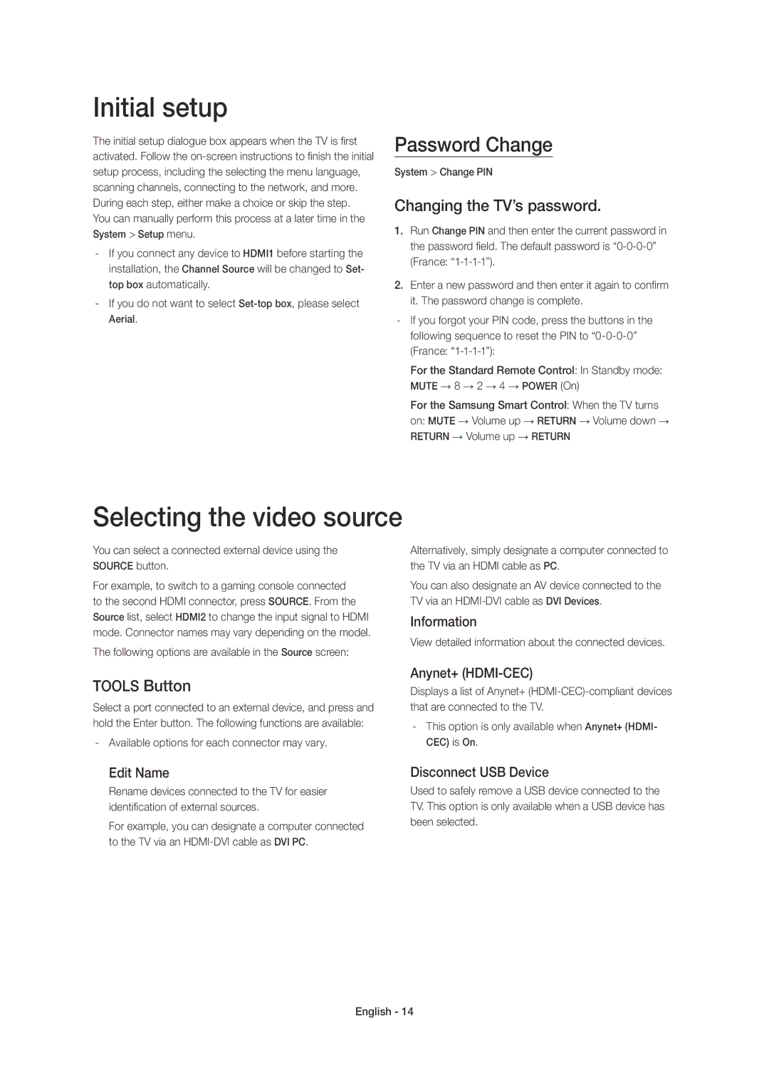 Samsung UE85HU7500LXZF manual Initial setup, Selecting the video source, Password Change, Changing the TV’s password 