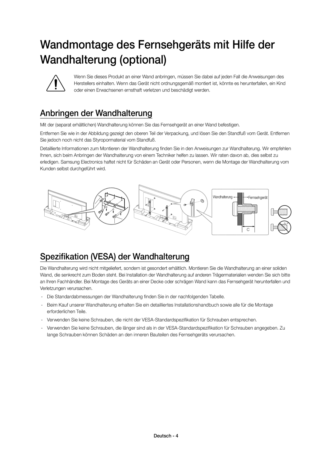 Samsung UE85HU7500LXZF manual Anbringen der Wandhalterung, Spezifikation Vesa der Wandhalterung 