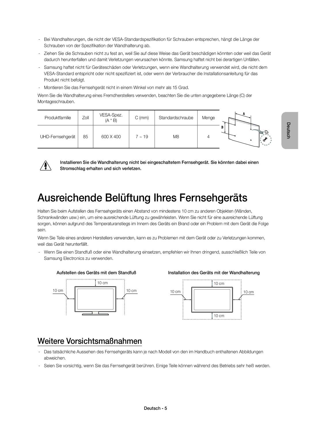 Samsung UE85HU7500LXZF manual Ausreichende Belüftung Ihres Fernsehgeräts, Weitere Vorsichtsmaßnahmen, UHD-Fernsehgerät 