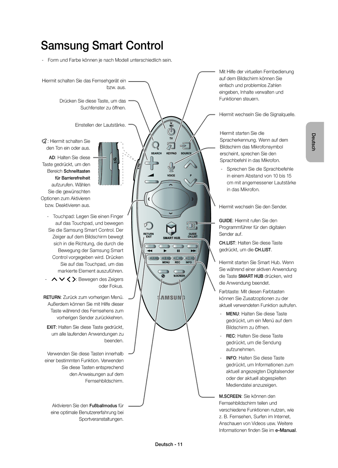 Samsung UE85HU7500LXZF manual Form und Farbe können je nach Modell unterschiedlich sein, ¡ £ Bewegen des Zeigers oder Fokus 