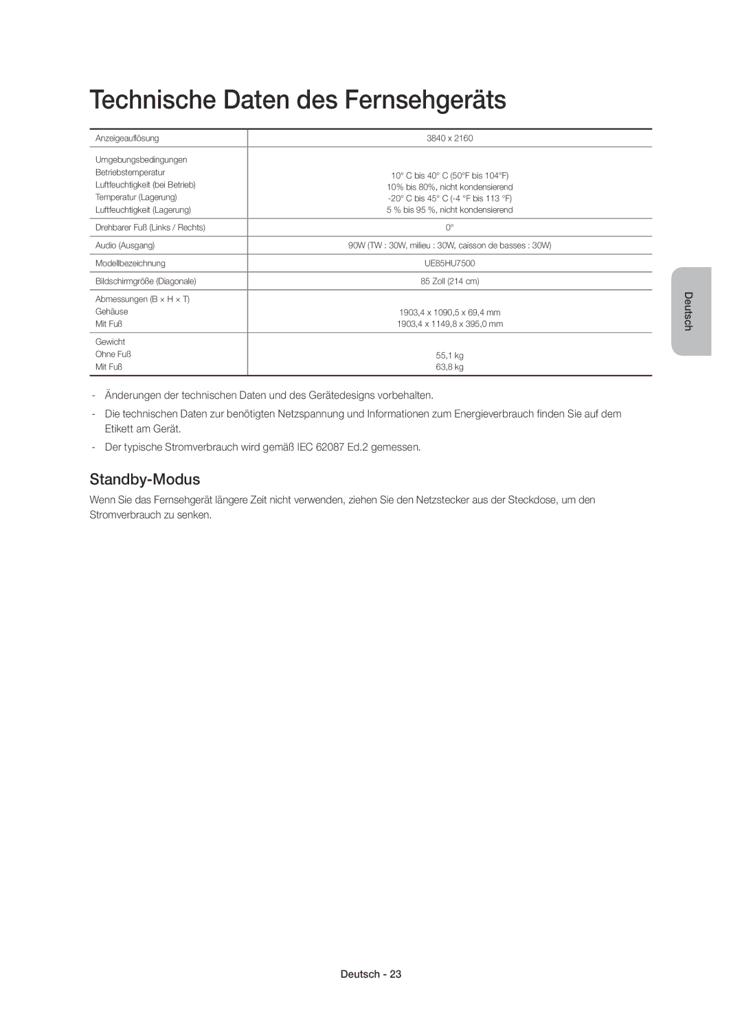 Samsung UE85HU7500LXZF manual Technische Daten des Fernsehgeräts, Standby-Modus 