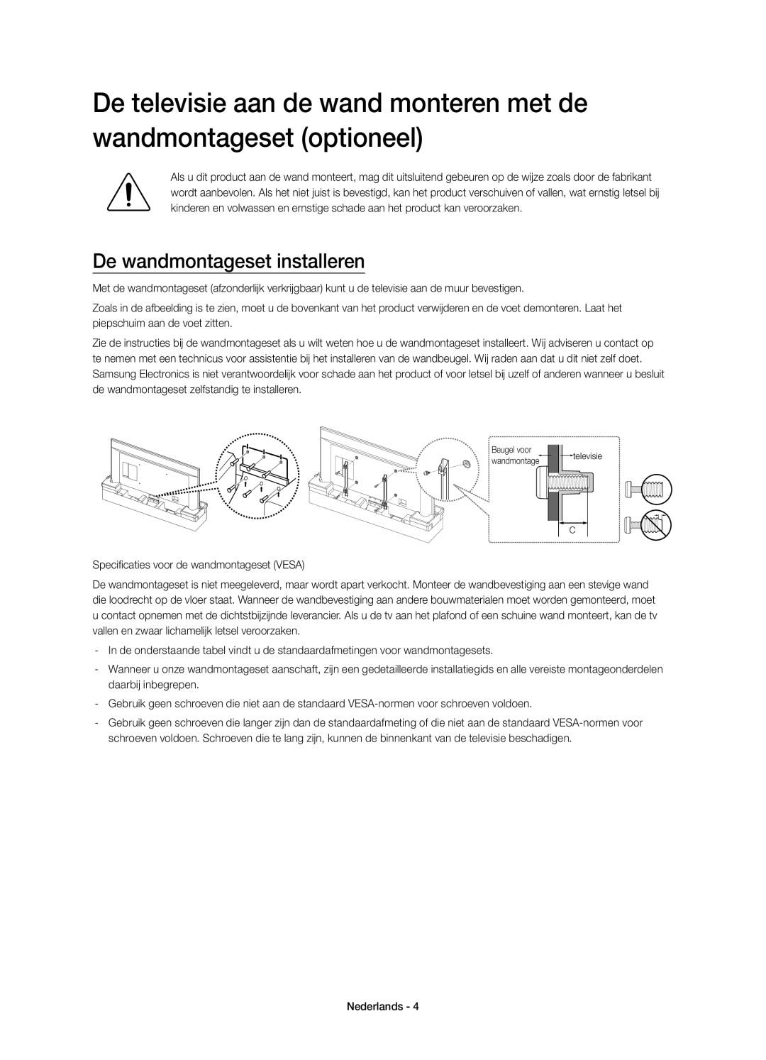 Samsung UE85HU7500LXZF manual De wandmontageset installeren 