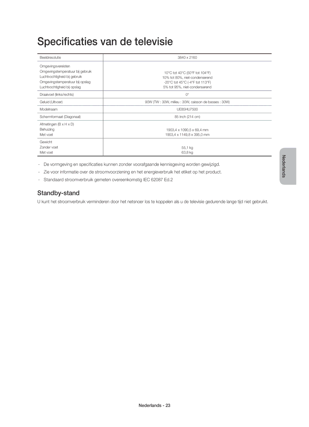 Samsung UE85HU7500LXZF manual Specificaties van de televisie, Standby-stand 