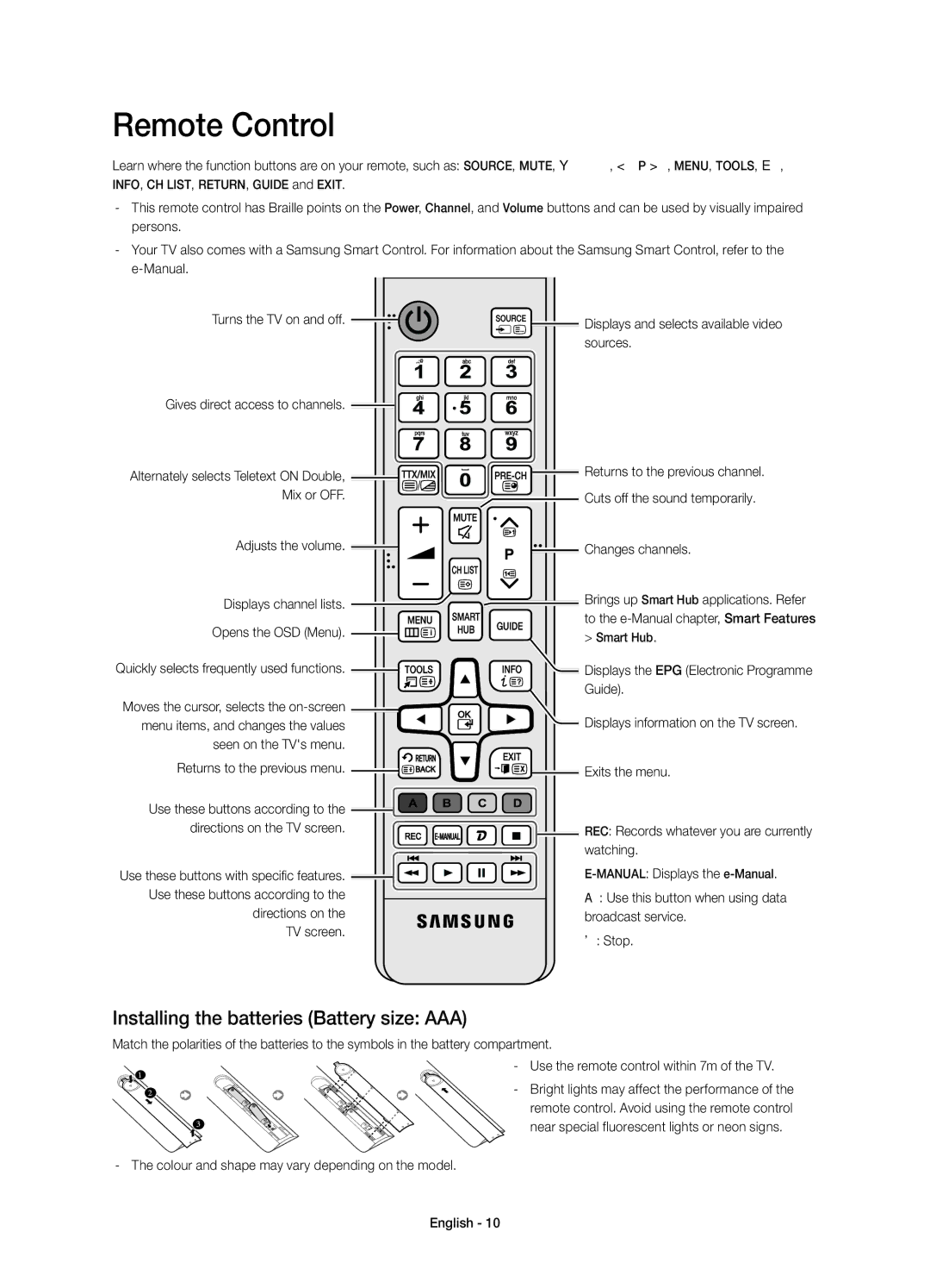 Samsung UE85HU7500ZXZT manual Remote Control, Installing the batteries Battery size AAA 