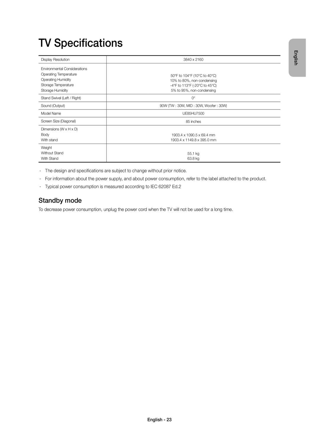 Samsung UE85HU7500ZXZT manual TV Specifications, Standby mode 