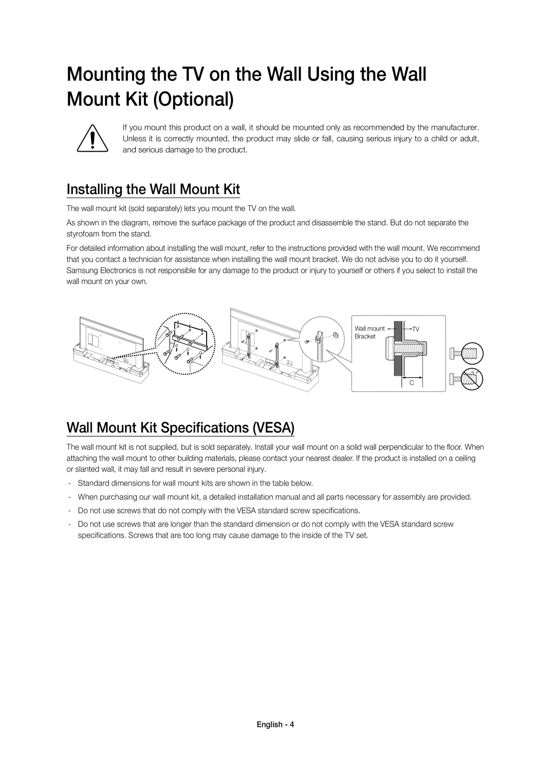 Samsung UE85HU7500ZXZT manual Installing the Wall Mount Kit, Wall Mount Kit Specifications Vesa 