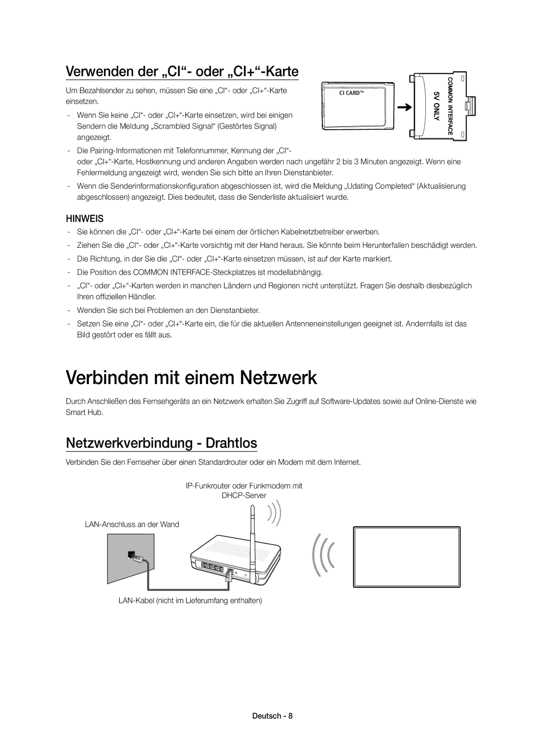 Samsung UE85HU7500ZXZT manual Verbinden mit einem Netzwerk, Verwenden der „CI- oder „CI+-Karte, Netzwerkverbindung Drahtlos 