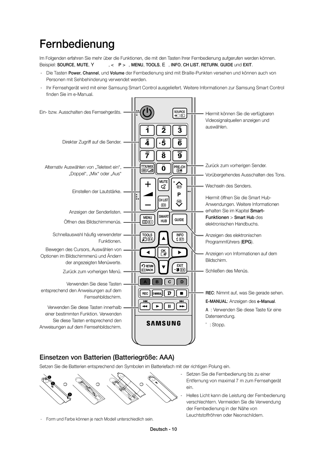 Samsung UE85HU7500ZXZT manual Fernbedienung, Einsetzen von Batterien Batteriegröße AAA 