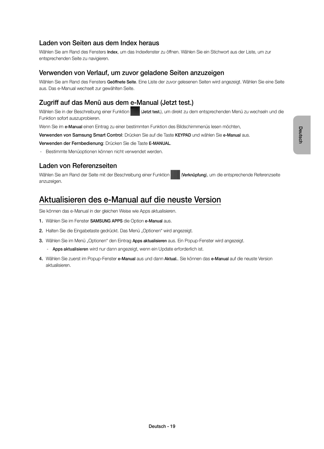 Samsung UE85HU7500ZXZT manual Aktualisieren des e-Manual auf die neuste Version, Laden von Seiten aus dem Index heraus 