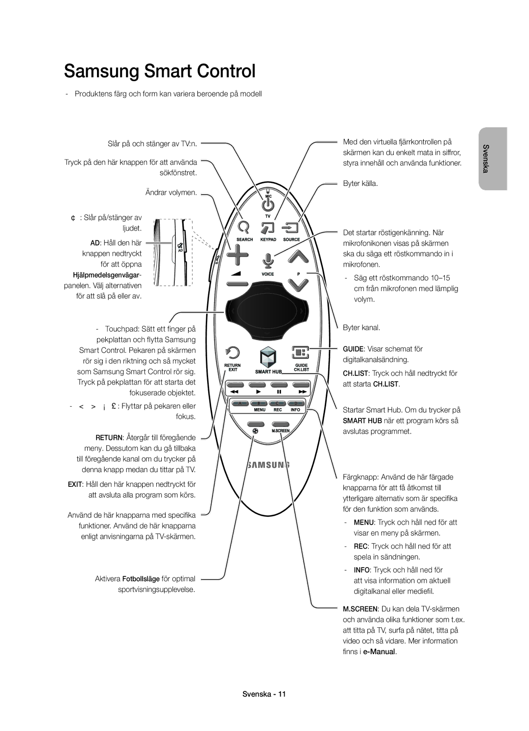 Samsung UE85HU7505TXXE manual Ändrar volymen ¢ Slår på/stänger av ljudet, ¡ £ Flyttar på pekaren eller fokus 