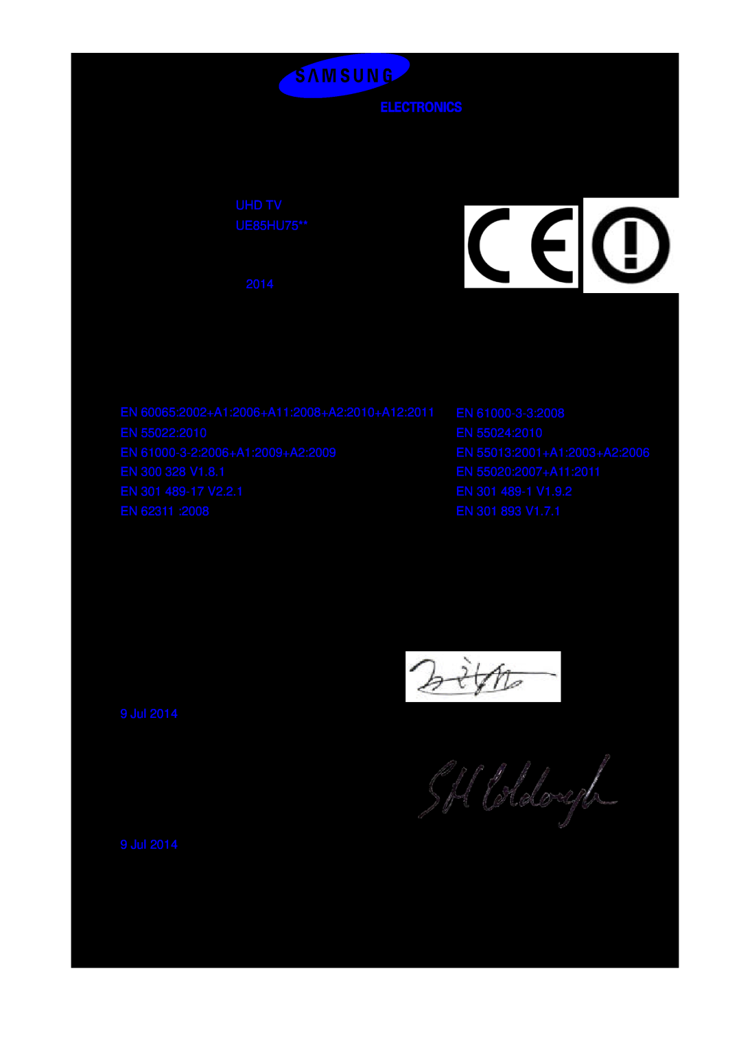 Samsung UE85HU7500LXZF, UE85HU7590LXZG, UE85HU7500ZXZT, UE85HU7500LXXC manual Declaration of Conformity, Uhd Tv 