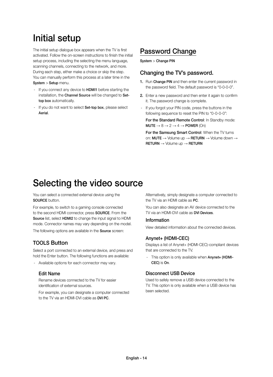 Samsung UE85HU7590LXZG manual Initial setup, Selecting the video source, Password Change, Changing the TV’s password 
