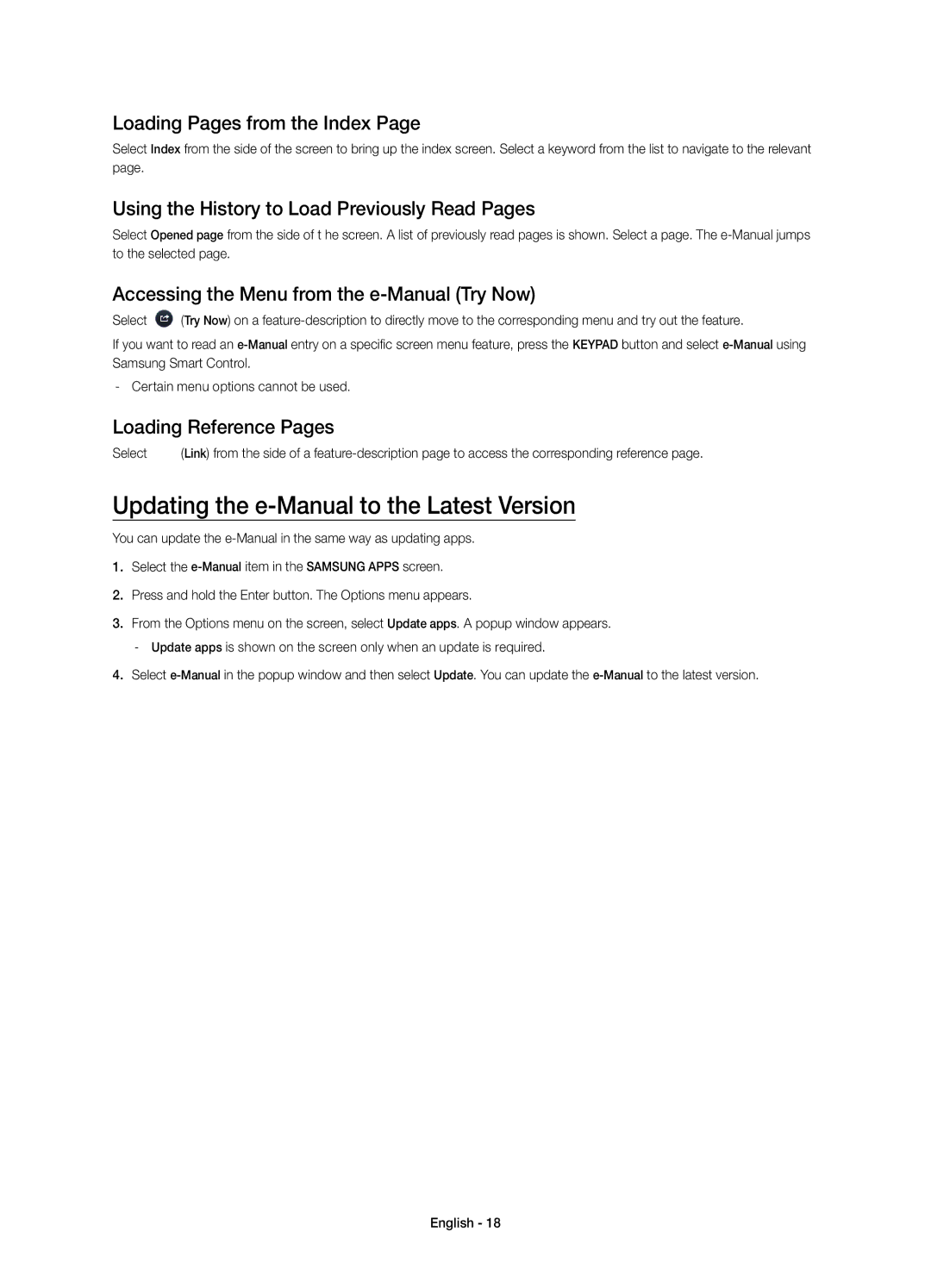 Samsung UE85HU8500TXRU Updating the e-Manual to the Latest Version, Loading Pages from the Index, Loading Reference Pages 