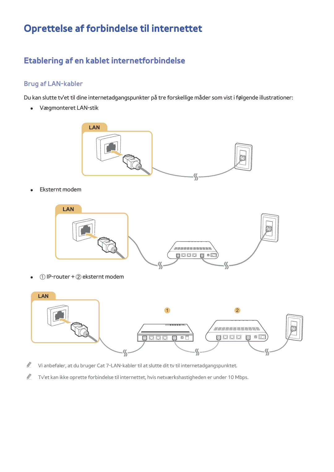 Samsung UE48JU6655UXXE, UE40S9AUXXE Oprettelse af forbindelse til internettet, Etablering af en kablet internetforbindelse 