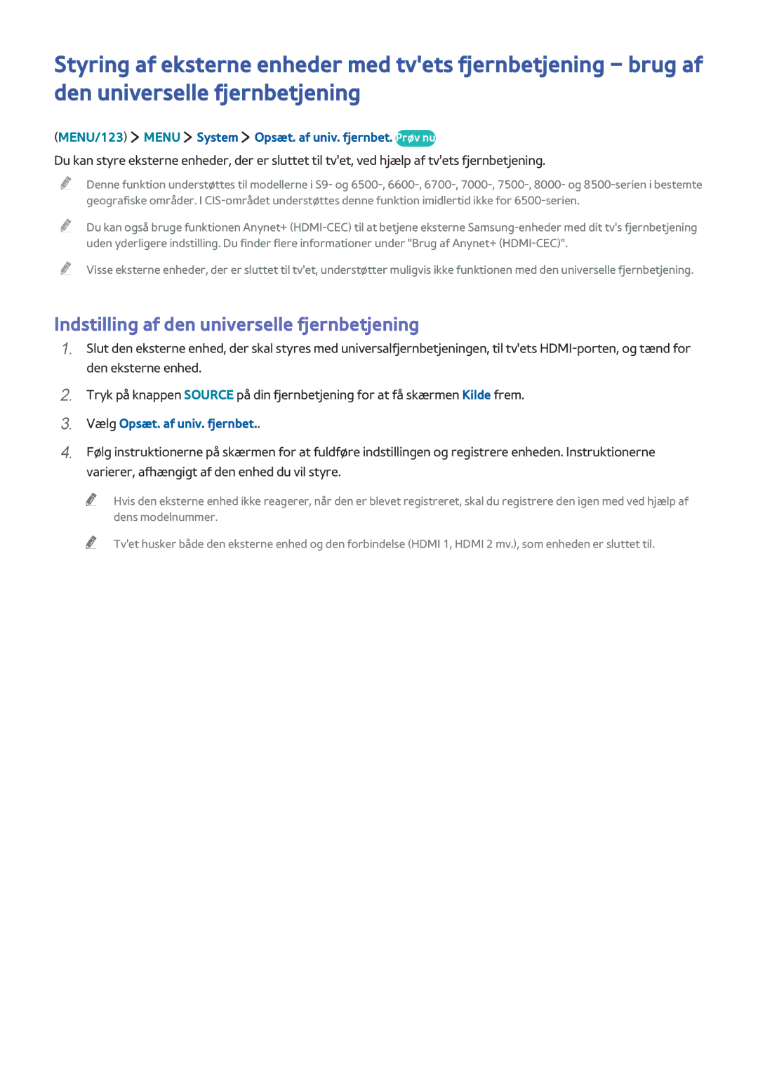 Samsung UE40JU6515UXXE, UE85JU7005TXXE manual Indstilling af den universelle fjernbetjening, Vælg Opsæt. af univ. fjernbet 