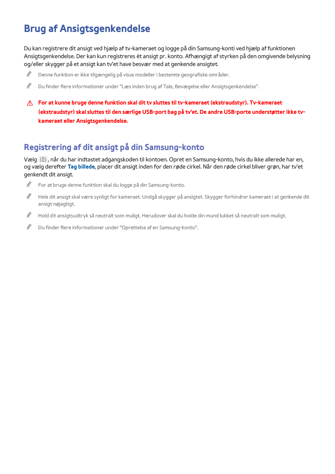 Samsung UE55JU7505TXXE, UE85JU7005TXXE manual Brug af Ansigtsgenkendelse, Registrering af dit ansigt på din Samsung-konto 