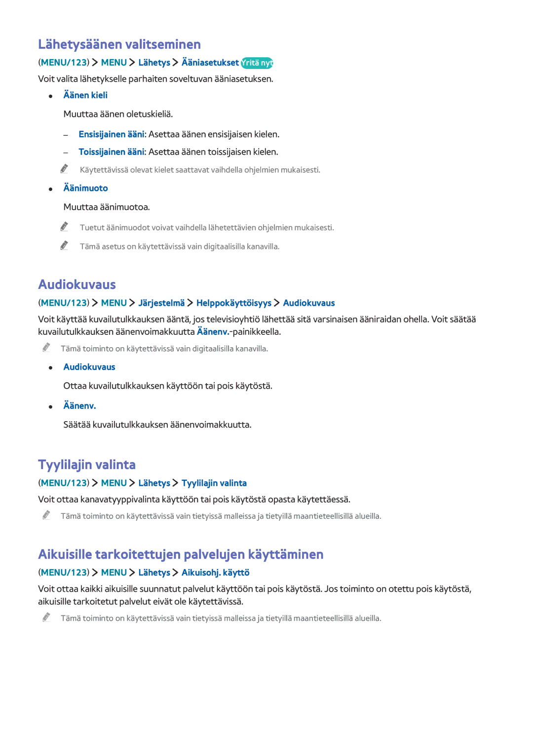 Samsung UE48JU6515UXXE, UE85JU7005TXXE, UE55JU6415UXXE manual Lähetysäänen valitseminen, Audiokuvaus, Tyylilajin valinta 