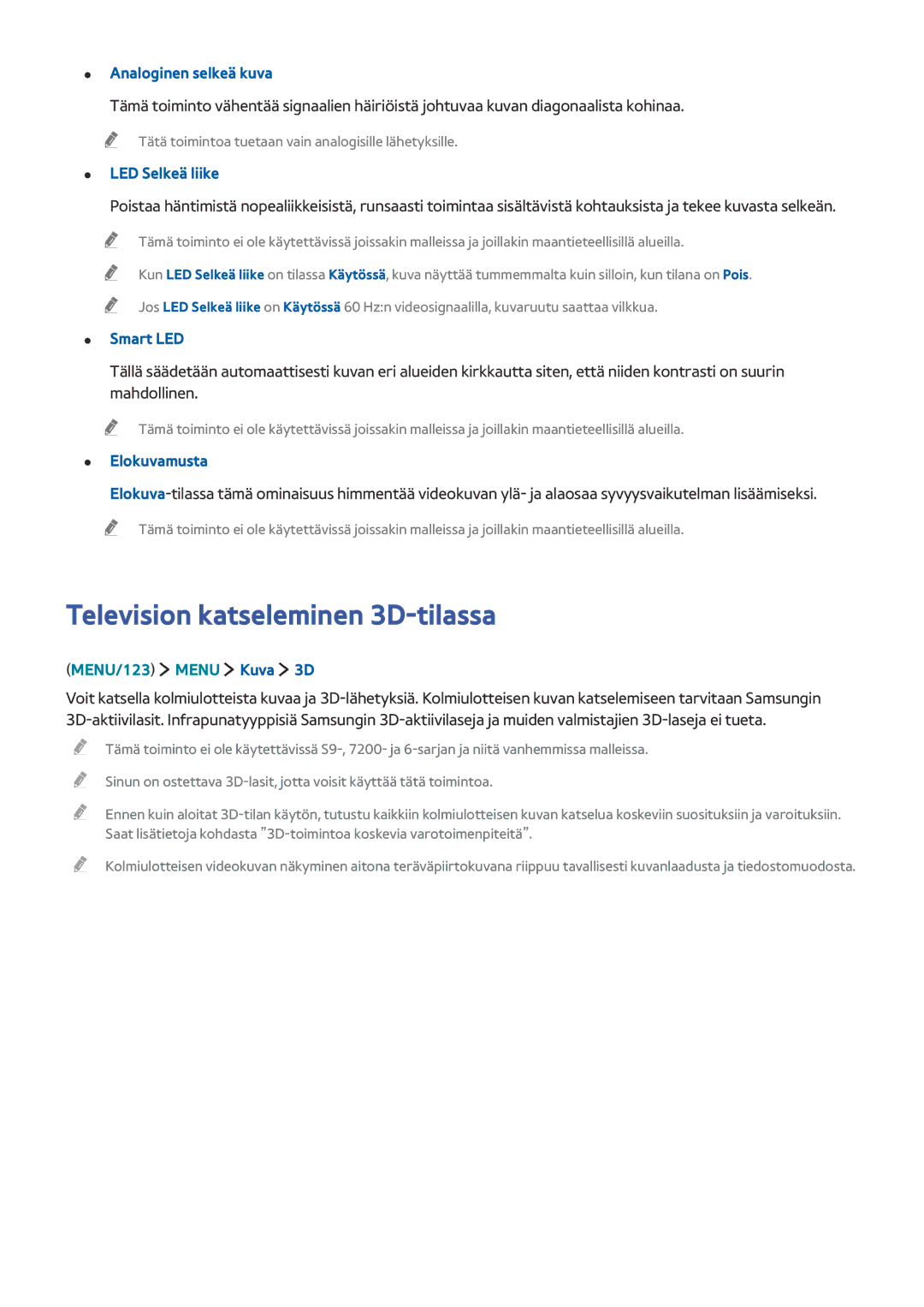 Samsung UE65JU6475UXXE manual Television katseleminen 3D-tilassa, Analoginen selkeä kuva, LED Selkeä liike, Smart LED 