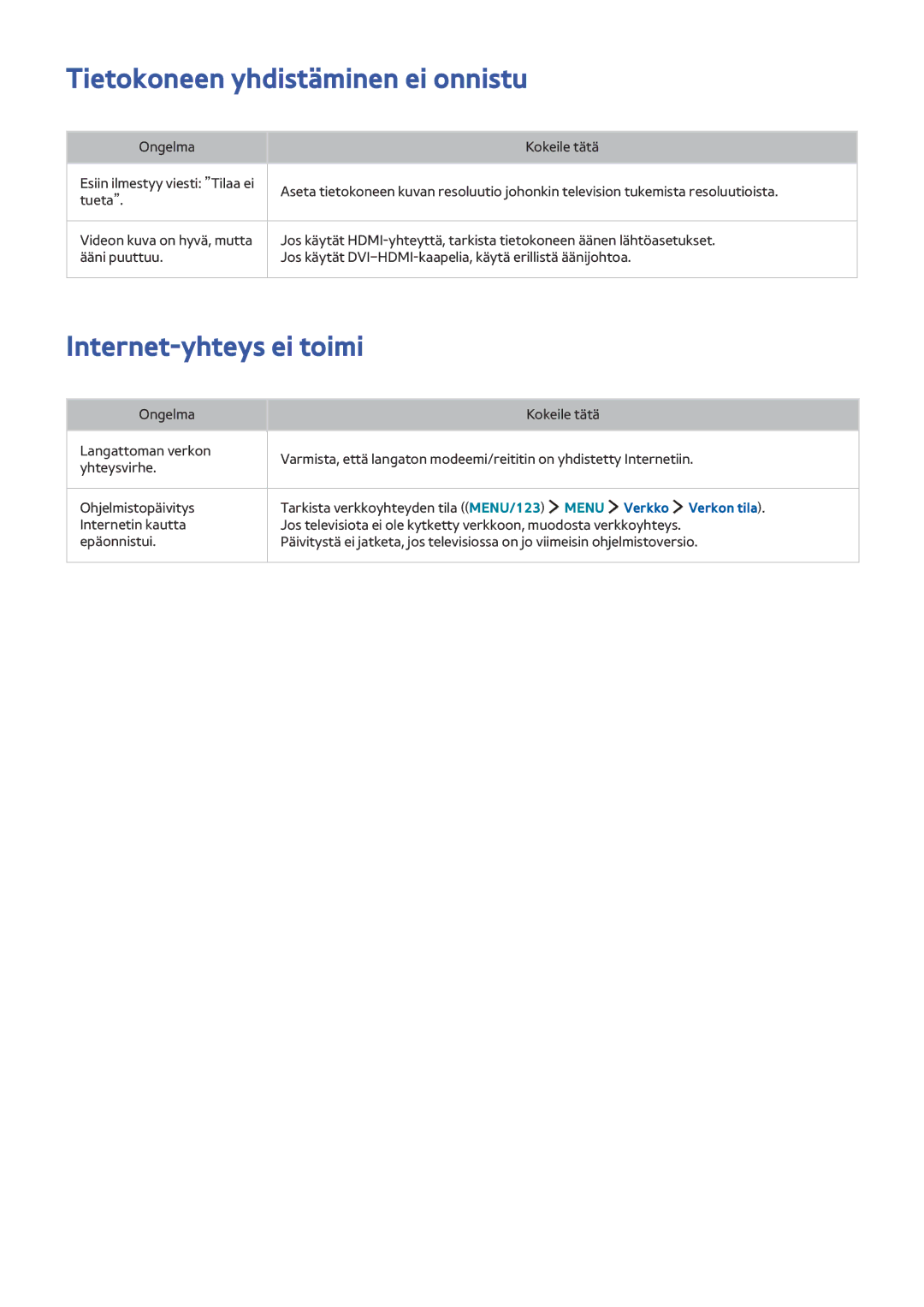 Samsung UE65JU7005TXXE, UE85JU7005TXXE, UE55JU6415UXXE manual Tietokoneen yhdistäminen ei onnistu, Internet-yhteys ei toimi 