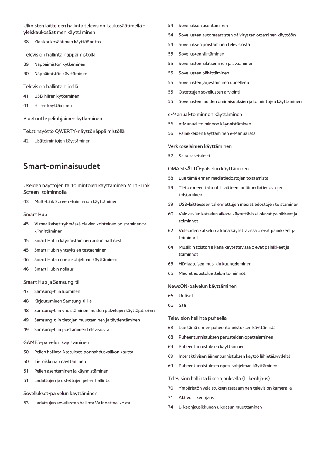 Samsung UE65JU7505TXXE, UE85JU7005TXXE, UE55JU6415UXXE, UE55JS8505TXXE, UE65JU6575UXXE, UE65JU6475UXXE manual Smart-ominaisuudet 