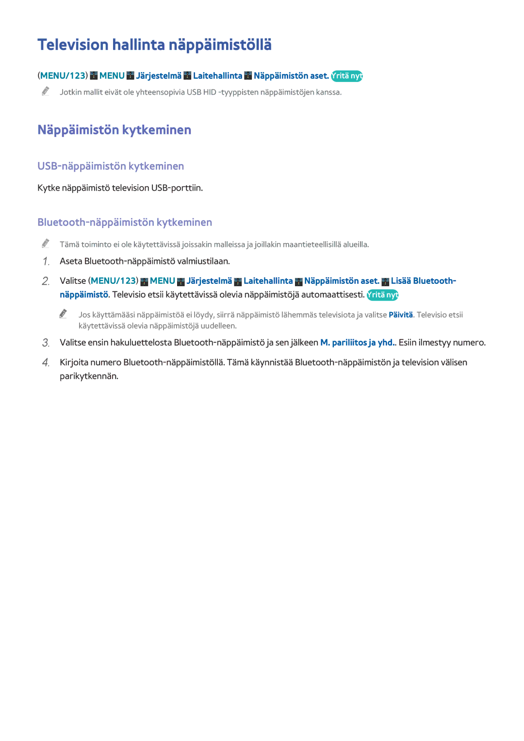 Samsung UE40JU6415UXXE manual Television hallinta näppäimistöllä, Näppäimistön kytkeminen, USB-näppäimistön kytkeminen 