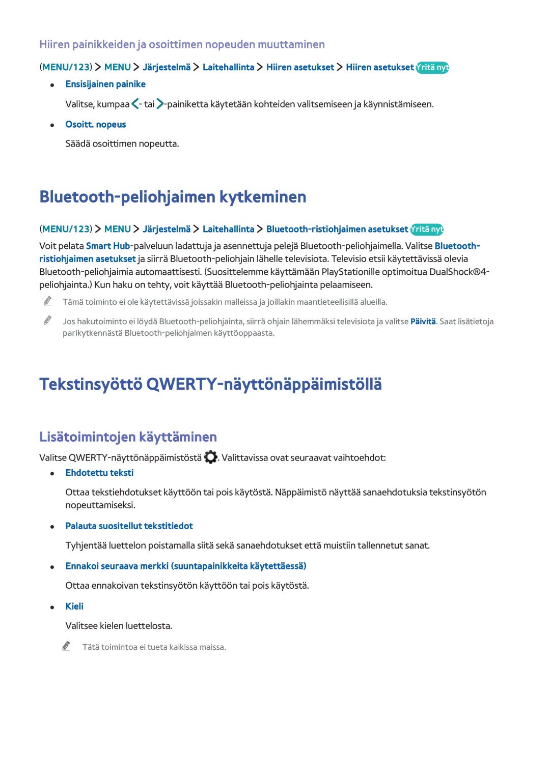 Samsung UE48JU7505TXXE, UE85JU7005TXXE manual Bluetooth-peliohjaimen kytkeminen, Tekstinsyöttö QWERTY-näyttönäppäimistöllä 