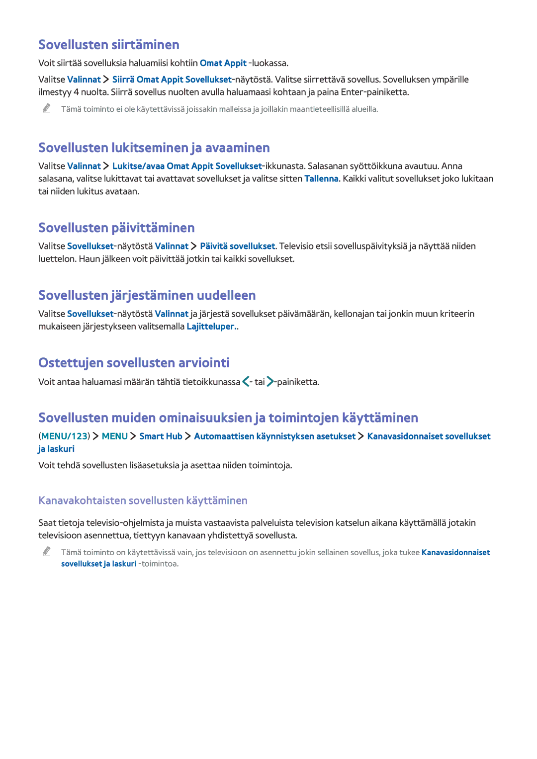 Samsung UE65JU6475UXXE manual Sovellusten siirtäminen, Sovellusten lukitseminen ja avaaminen, Sovellusten päivittäminen 