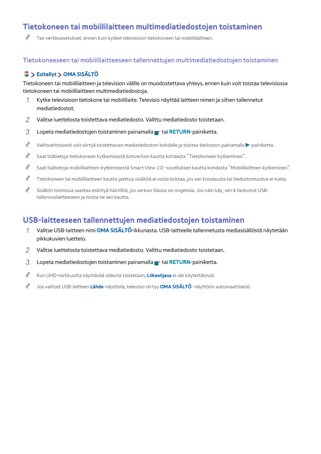 Samsung UE55JU6745UXXE, UE85JU7005TXXE USB-laitteeseen tallennettujen mediatiedostojen toistaminen, Esitellyt OMA Sisältö 