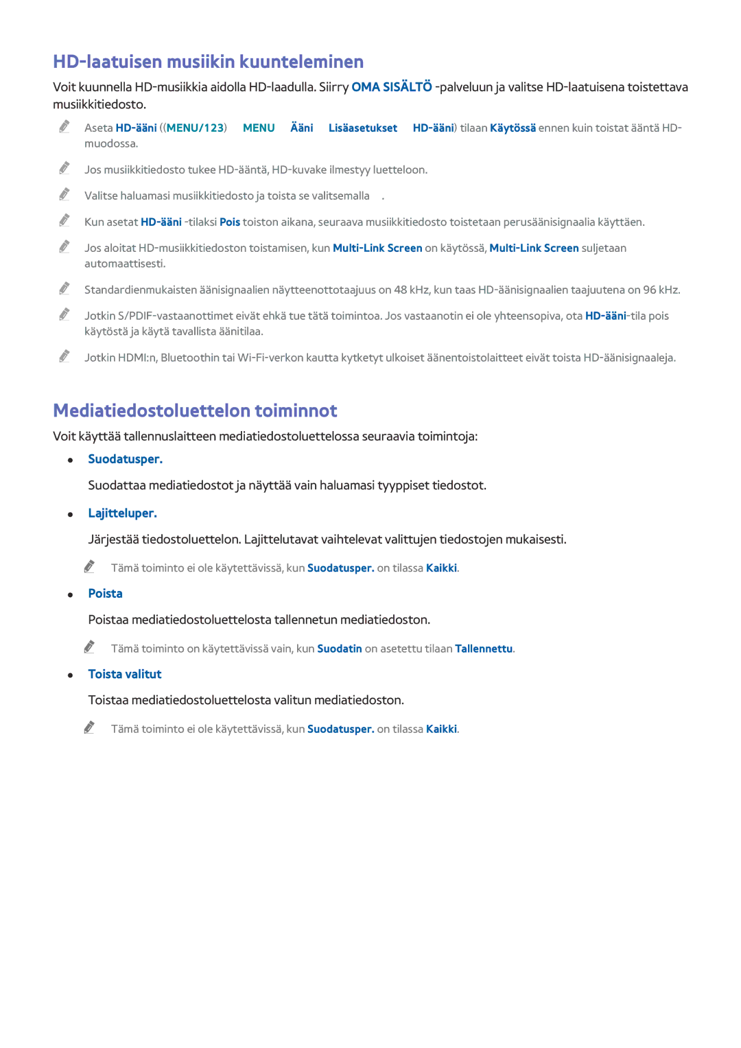 Samsung UE55JS8005TXXE, UE85JU7005TXXE, UE40S9AUXXE HD-laatuisen musiikin kuunteleminen, Mediatiedostoluettelon toiminnot 